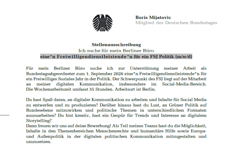 Stellenausschreibung Freiwilligendienstleistende*n für ein FSJ Politik in Berlin (m/w/d)