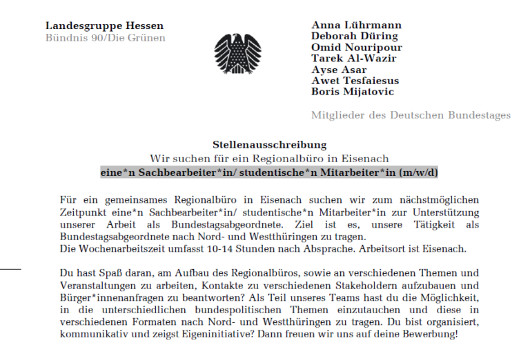 Stellenausschreibung Sachbearbeiter*in/ studentische*n Mitarbeiter*in für ein Regionalbüro in Eisenach (m/w/d)
