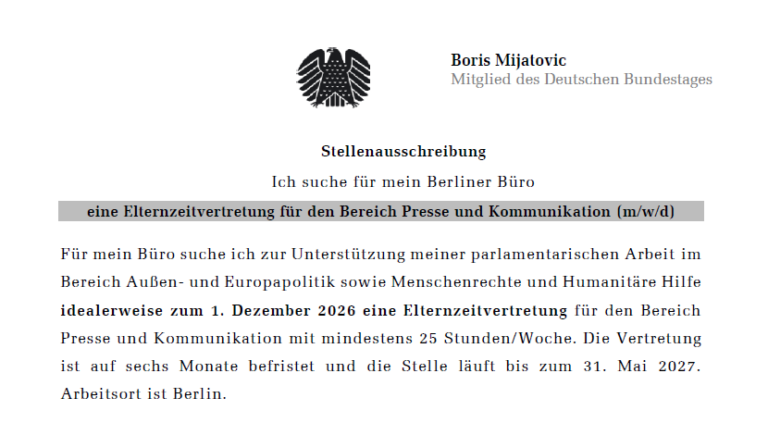 Stellenausschreibung (Elternzeitvertretung) für den Bereich Presse und Kommunikation (m/w/d) in Berlin
