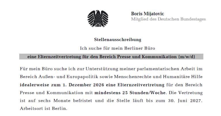 Stellenausschreibung (Elternzeitvertretung) für den Bereich Presse und Kommunikation (m/w/d) in Berlin