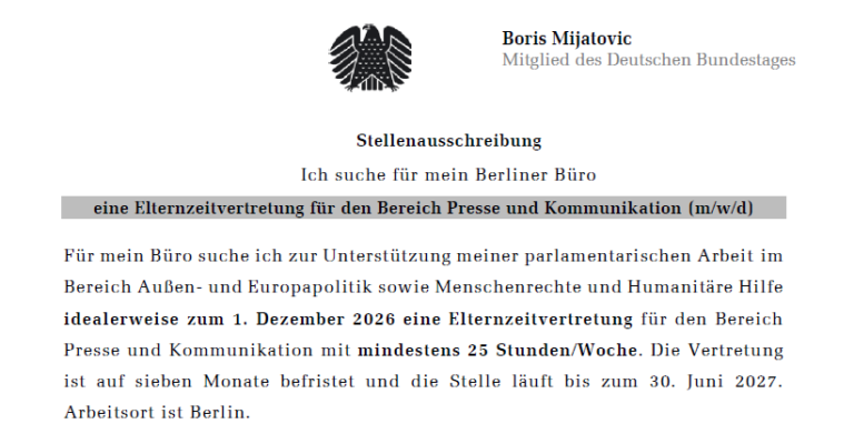 Stellenausschreibung (Elternzeitvertretung) für den Bereich Presse und Kommunikation (m/w/d) in Berlin